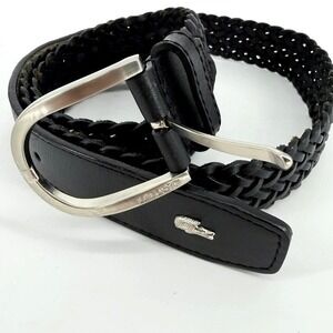 Lacoste Mens Braided‎ Genuine Leather Belt Black Silver Buckle Size 38 25042